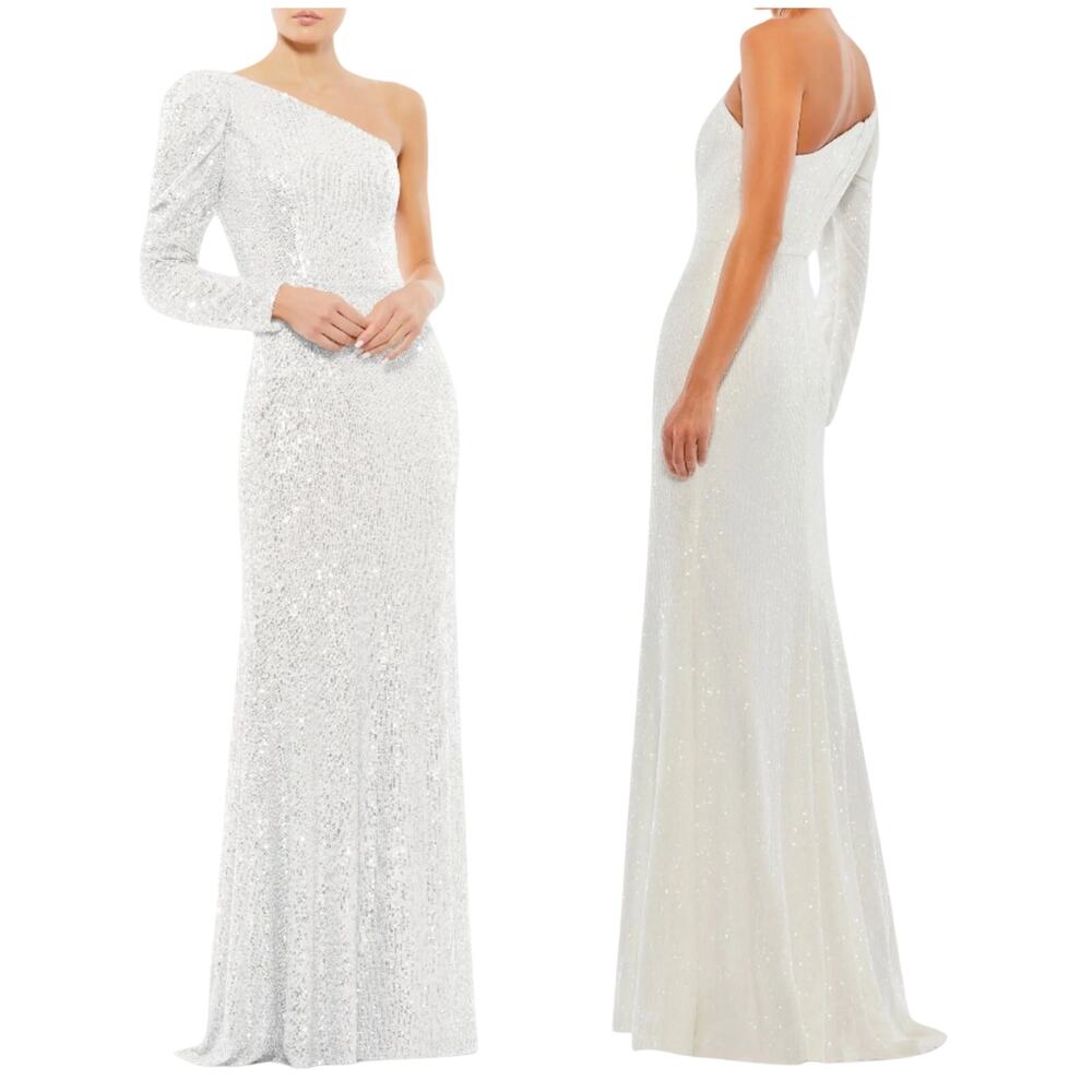 Mac Duggal NWT Sequined One Shoulder Trumpet Gown White Size 0 Puff Sleeve